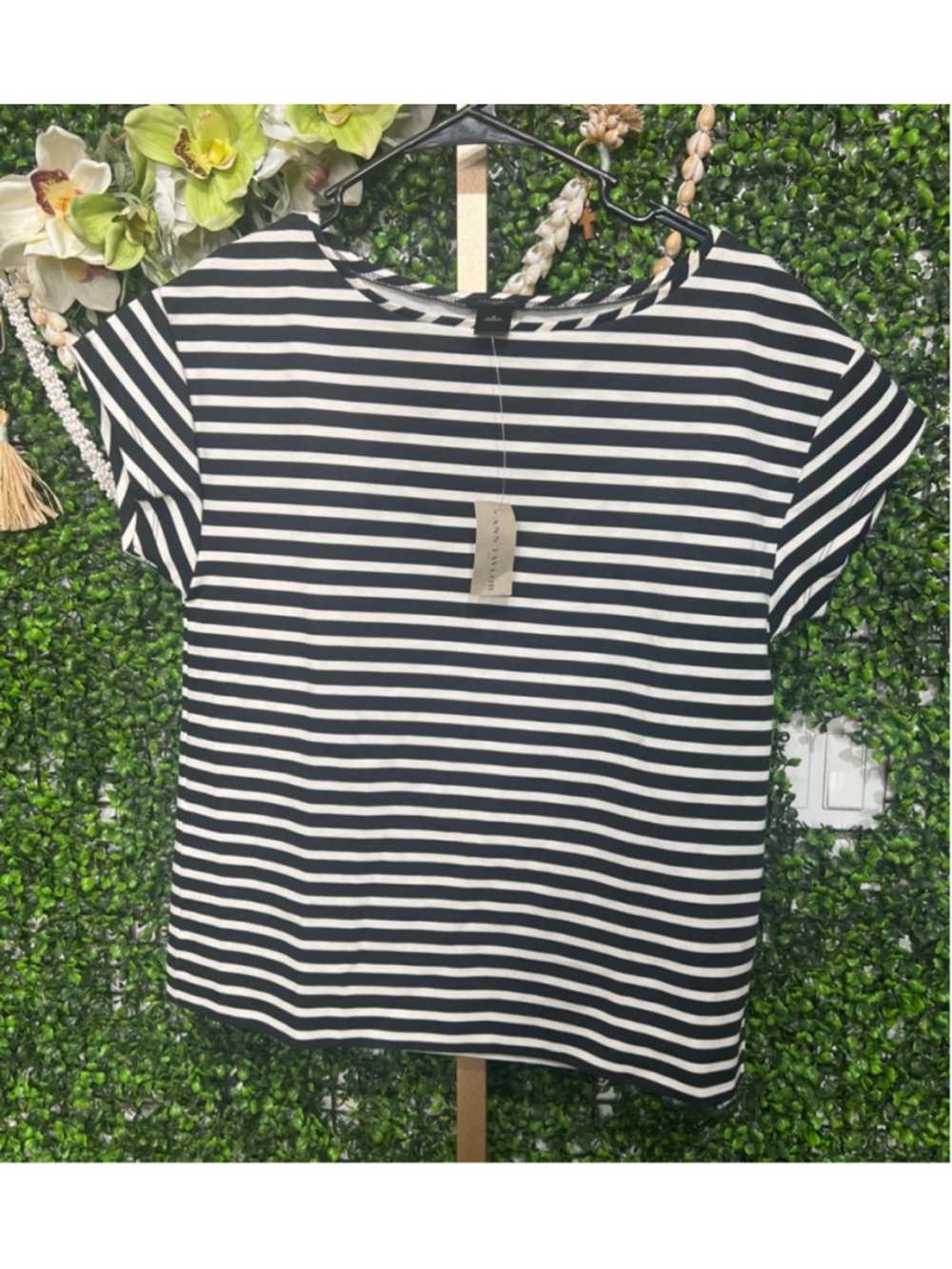 Women's Ann Taylor Black White Striped Short Sleeve Tee Size Small